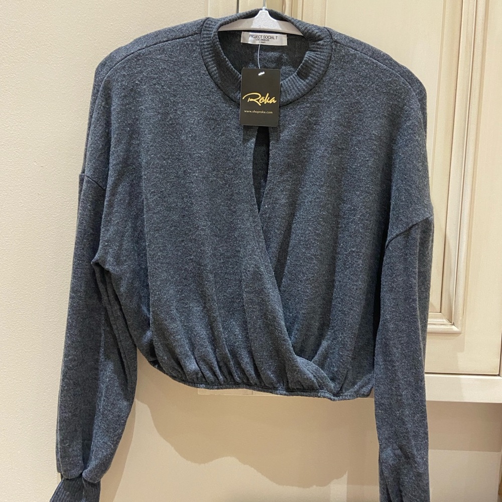 BNWT Project social T Jill Sentimental Cozy Twist grey cutout wrap sweater Roka